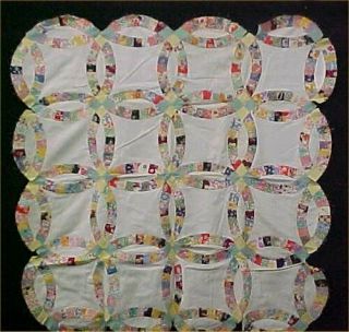 Vintage Antique Baby Doll Quilt Top Hand Pieced Double Wedding Ring 1920s 31x31 "