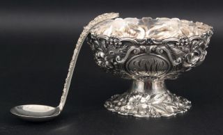 Antique Early 20thc Stieff Sterling Silver Repousse Bowl & Ladle,  Nr