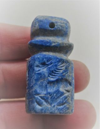 Ancient Sasanian Lapis Lazuli Multi Sided Bead Seal Pendant With Beast Impressio