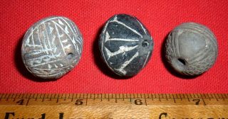 (3) Etched Terracotta Spindle Whorl Beads From Mali,  Collectible African Beads