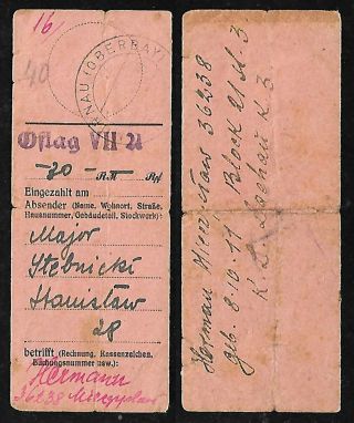 Wwii Money Transfer Receipt From Oflag Pow Camp To Conc.  Camp Dachau