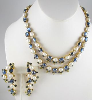 Gorgeous Hattie Carnegie Pearl Sapphire Necklace & Earrings Set - Old Stock