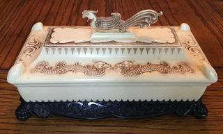 Vintage Carved Celluloid Oriental Jewelry Trinket Box Dragon & Bird