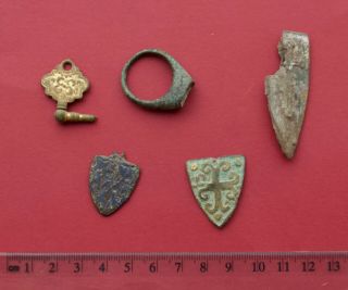Group Of Metal Detecting Finds - Medieval Harness Mounts,  Watch Key,  Ring Etc.