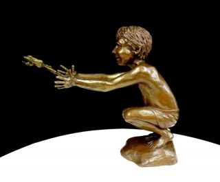 Mark Hopkins Signed 609/2500 Benjamin Boy W/ Frog 7 " Solid Bronze Sculpture 1990