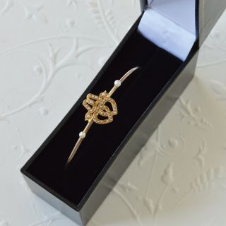 Antique Edwardian 9ct 9k 375 Gold Seed Pearl Entwined Love Heart Bracelet Bangle