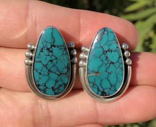 Vtg Old Pawn Navajo Sterling Silver Spiderweb Number 8 Turquoise Post Earrings
