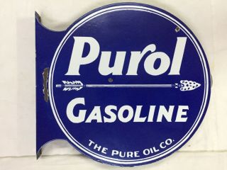 Vintage Porcelain Purol Gasoline 19”x18” Double Sided Flange Enamel Sign.