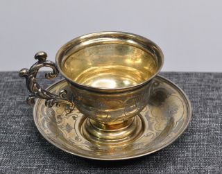 1860 Imperial Russian 84 Silver Tea Cup Saucer Gold Wash (2)
