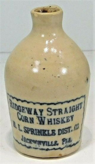 C1910 Stoneware Mini Jug - Ridgeway Corn Whiskey H.  L.  Sprinkle Jacksonville,  Fla.