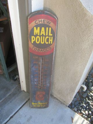 Vintage Mail Pouch Chew Tobacco Thermometer Sign 39” Tall Patina Metal