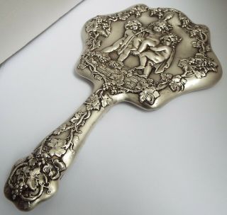 Stunning Large Decorative English Antique 1903 Solid Sterling Silver Hand Mirror