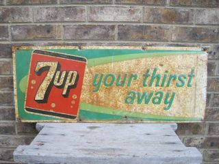 Vintage Sign 7 Up Your Thirst Away Embossed Tin Litho Soda Pop Advertising 1963