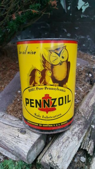 Vintage Old Pennzoil 5 Quart Oil Can Owls