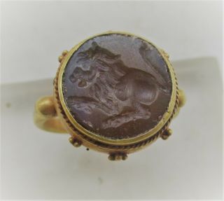 Scarce Ancient Roman High Carat Gold Ring With Carnelian Intaglio Beast