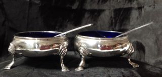 London 1754 Solid Silver Pr Of Salts,  Blue Liners & Later Pr Solid Silver Spoons