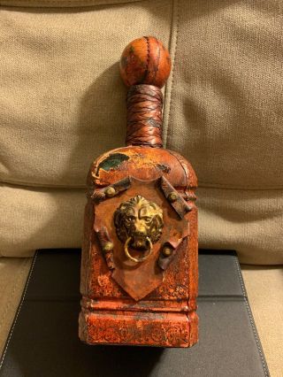 Vintage Italian Leather Wrapped Wine Bottle Decanter W/ Lion Head Made In Italy