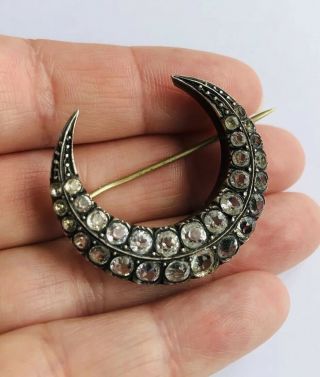 Antique Victorian Silver And Paste Crescent Moon Brooch,  925,  Sterling,  Heavy