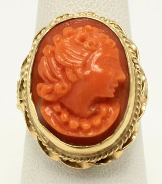 Antique 14k Yellow Gold Filigree Carved Coral Cameo Estate Ring Size 6.  5