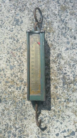 Vintage Hanson 50 Lb Hanging Spring Scale Model 896 Made In Usa Farm Decor Brass