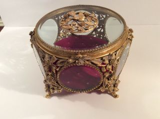 Vintage Matson 6 - Sided Beveled Glass Gilt Ormolu Jewelry Casket Dogwood,  Birds