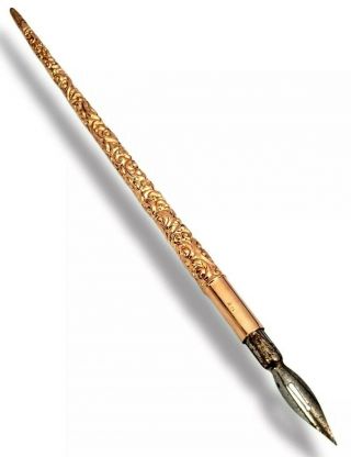 Antique 19th C.  Victorian 14k Solid Gold Repousse Fountain Pen Quill Desk Pen