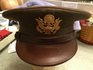 Vintage Wwii Us Army Officers Visor Cap Hat W/ Chinstrap Military Cap Named