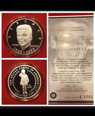 John F.  Kennedy Jr.  Memorial Commemorative 99.  9 Pure U.  S.  Silver One Ounce Coin
