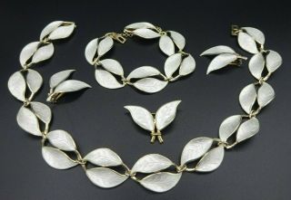 5 Pc David Andersen Sterling & White Enamel - Leaf Necklace,  Bracelet,  Earrings,