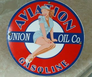 Vintage Union Oil Co.  Gasoline Station Pin - Up Girl Porcelain Sign 12 "