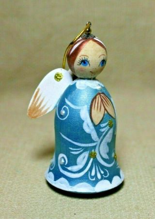 Russian Hand Painted Wooden Christmas Angel Ornament 3 " Tall Signed