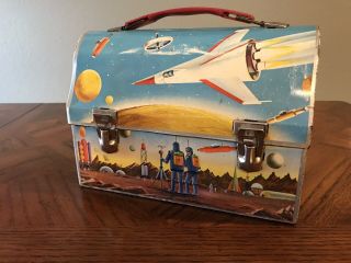 Vintage 1960’s Metal Domed Thermos Space Ships School Lunch Bow