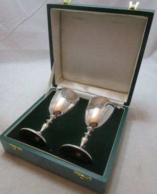 Good Pair Cased Elizabeth Ii Sterling Silver Goblets,  464 Grams,  1975