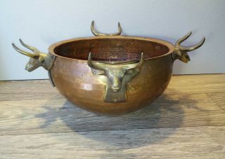 Vintage Hammered Copper Pot With Brass Steer Longhorns