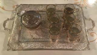 Vintage Persian 84 Silver Tea Set Tray W/6 Glass Holders,  Glasses & Sugar Bowl