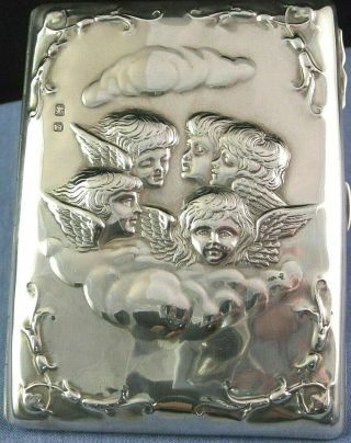 Sterling Silver Art Nouveau Angels Cherub Antique Cigarette Card Case Pocket Box