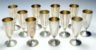 Set Of Dozen (12) Vintage Sterling Silver Cordial Shot Glasses 407 Grams