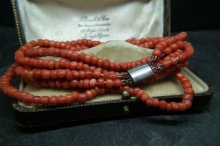 Fine Antique Victorian Double Strand Carved Coral Bead Necklace W Silver Clasp
