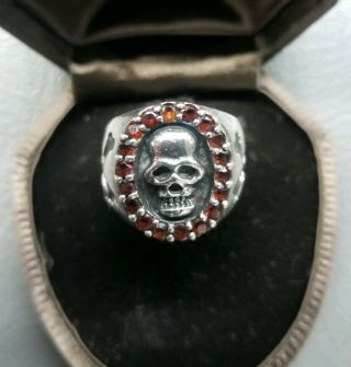 Vtg Ring Skull Crossbones Garnet Memento Mori Sterling Silver Pirate Signet Depp