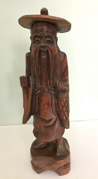 Vintage Oriental Asian Chinese Teak Carved Teak Wood Figure Fisherman