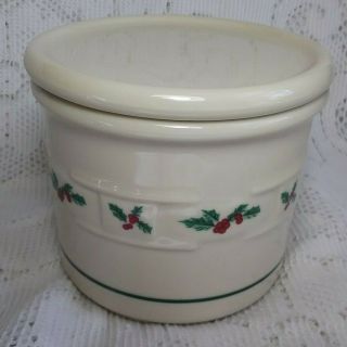 Longaberger Christmas Woven Traditions Holly 1 Pint Crock With Coaster Lid Euc