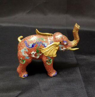 Vintage Chinese Cloisonne Elephant Figurine Brass Enamel Trunk Up