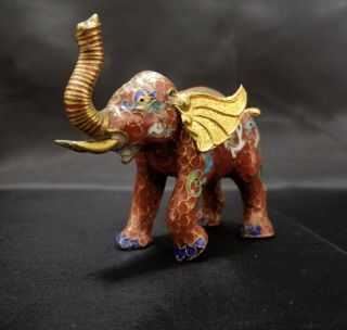 Vintage Chinese Cloisonne Elephant Figurine Brass Enamel Trunk Up 2