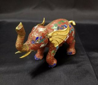 Vintage Chinese Cloisonne Elephant Figurine Brass Enamel Trunk Up 3