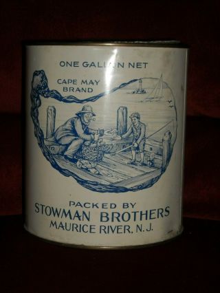 VINTAGE CAPTAIN JACK ' S CAPE MAY OYSTERS TIN CAN 1 GALLON,  MAURICE RIVER NJ 3