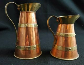 Vintage Set Of 2 Copper & Brass Jug Pitchers Hand Made In England - Bar Ware