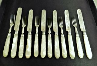 Ornate Victorian Solid Silver & Mother Of Pearl Fruit / Dessert Cutlery Set 1874