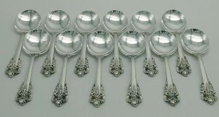 Set Of 12 Wallace Grande Baroque Sterling Silver Cream Soup Spoons,  546 Grams