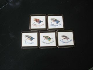 Vintage Leather And Cork Coasters Set Of Five Salmon Flies England