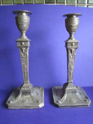 Antique Pair Edwardian Sterling Silver Adam Style Candlesticks 10 "
